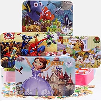 Grizzly 100 pc Wooden Puzzle Tin Box Cartoon Toy 3D Puzzle Jigsaw Puzzle for Early Educational Montessori Toys(Set of 4)