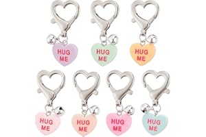 DELORIGIN 7pcs Resin Heart Pet Collar Charms, Colorful Pet Collar Bells with Word HUG ME Jewelry Bell Charms with Heart Lobster Clasp for Cat Dog Rabbit Necklace DIY Keyring Pendants Bag Decor