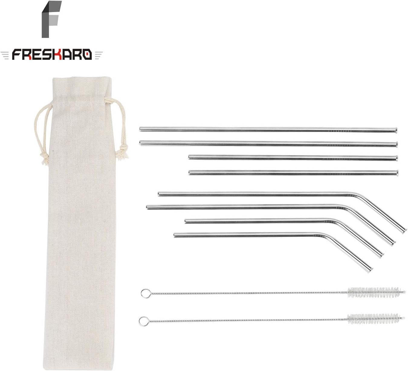 FresKaro Reusable Straws-Stainless Steel Straws, Set of 8pcs, FDA Approved, Scratch-Proof, Dishwasher Safe, Customer-Made Brand for Wholesale (6mm, 26.6cm-4pcs, 21.6cm-4pcs)