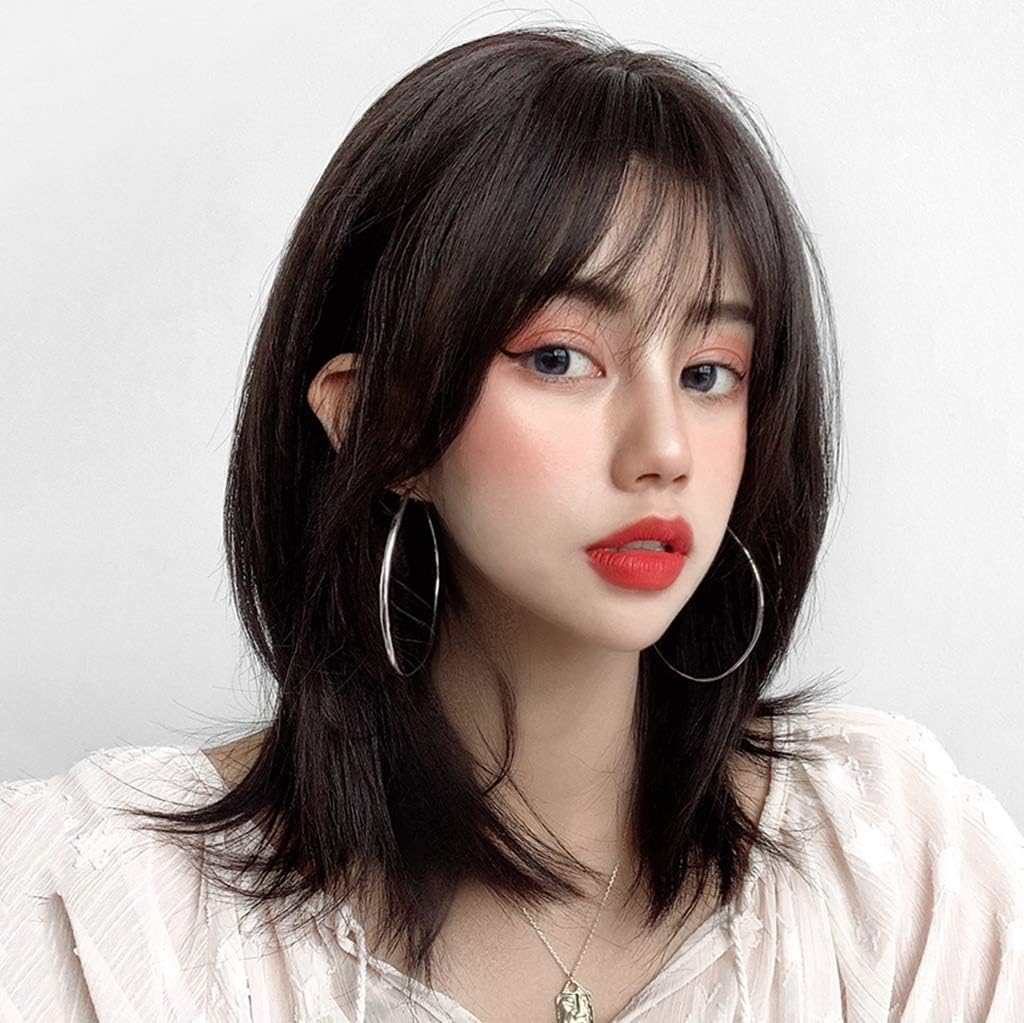 Amazon Co Jp 女子ショートヘアエア前髪ナチュラル鎖骨髪カーリング外転耐熱フル トップウィッグキャップ ブラック ブラウン Color Black Size 32cm ビューティー