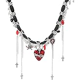 Thalireth Goth Vampire Heart Necklace Spooky Gothic Skeleton Cross Y2k Star Tassel Leather Choker Chunky Statement Necklace for Women Halloween