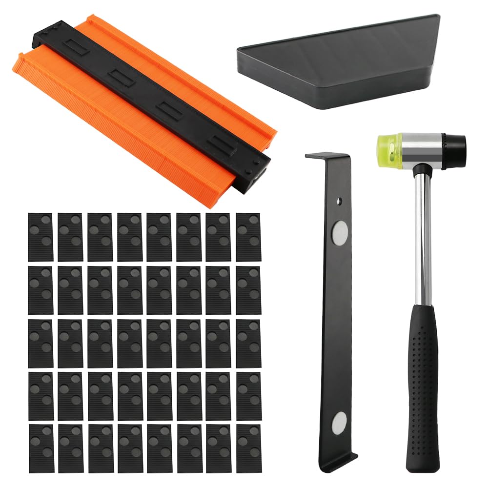 Laminate Flooring Installation Kit and Contour Gauge Profile Tool with Lock, with 40 Spacers, Double Headed Mallet, Tapping Block & Pull Bar, for Woodworking and Laminate Wood Flooring