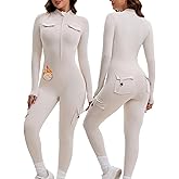 AEEZO Womens Fleece Lined Long Sleeve Cargo Zip Up Jumpsuit with Pockets Thermal Sexy Tummy Control One Piece Bodysuit