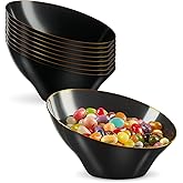 PLASTICPRO Angled Plastic Bowls Disposable Small Plastic Black Serving Bowls with Gold Rim for Party for Appetizer Salads Pack of 8
