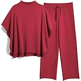 SeeLuNa Women's Two Piece Outfits 3/4 Batwing Sleeve Capelet Crew Neck Pullover Top Wide Leg Pants Lounge Set
