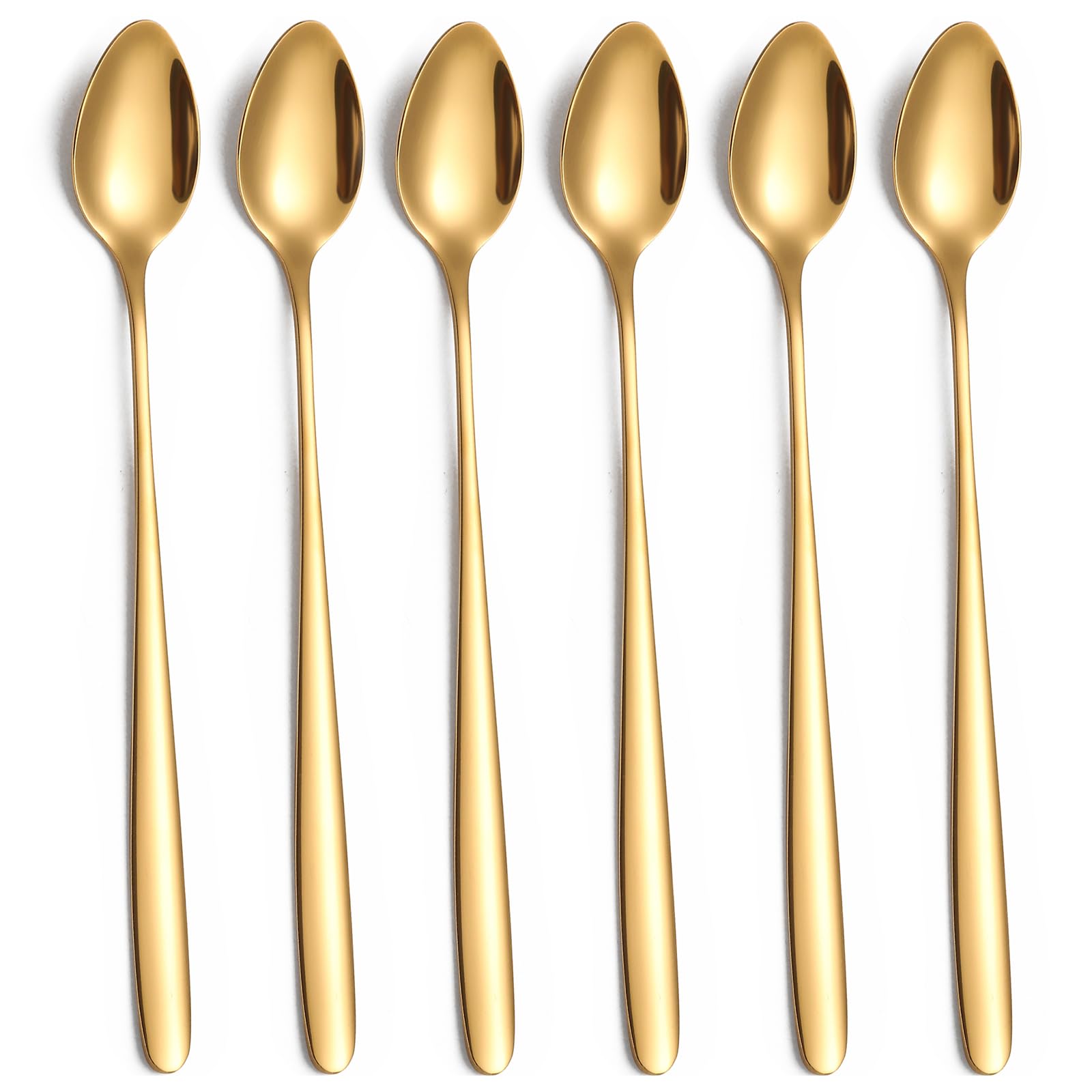 tiokin Latte Spoons Long Handle Teaspoons Set of 6 Stainless Steel 7.8Inches Tea Spoon Mixing Stirring Spoon for Coffee Espresso Iced Tea Milk Shake Ice Cream Sundeas Cool Drinking Set of 6(Gold)