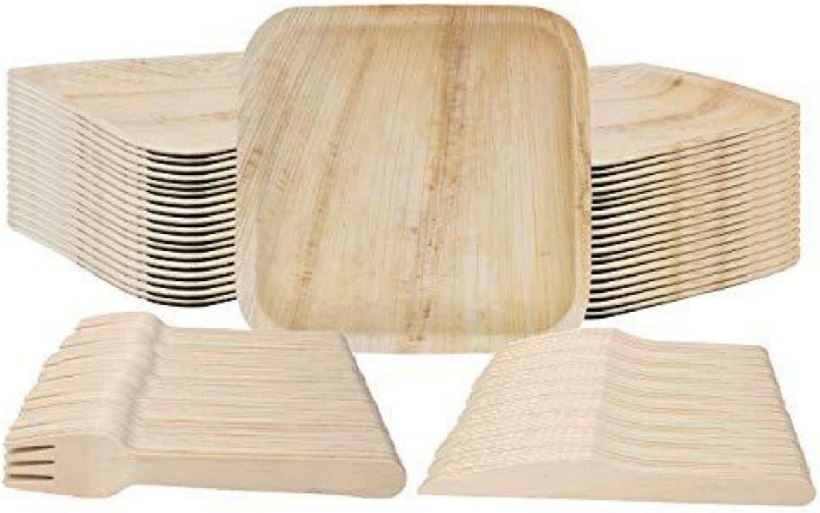 Palm Leaf Plates & Wooden Fork/Knife Dinnerware Set Disposable (75 pc) | Natural Eco Friendly 10in Square Plates & Cutlery | Compostable Biodegradable Sustainable Party Pack for Occasions + Events
