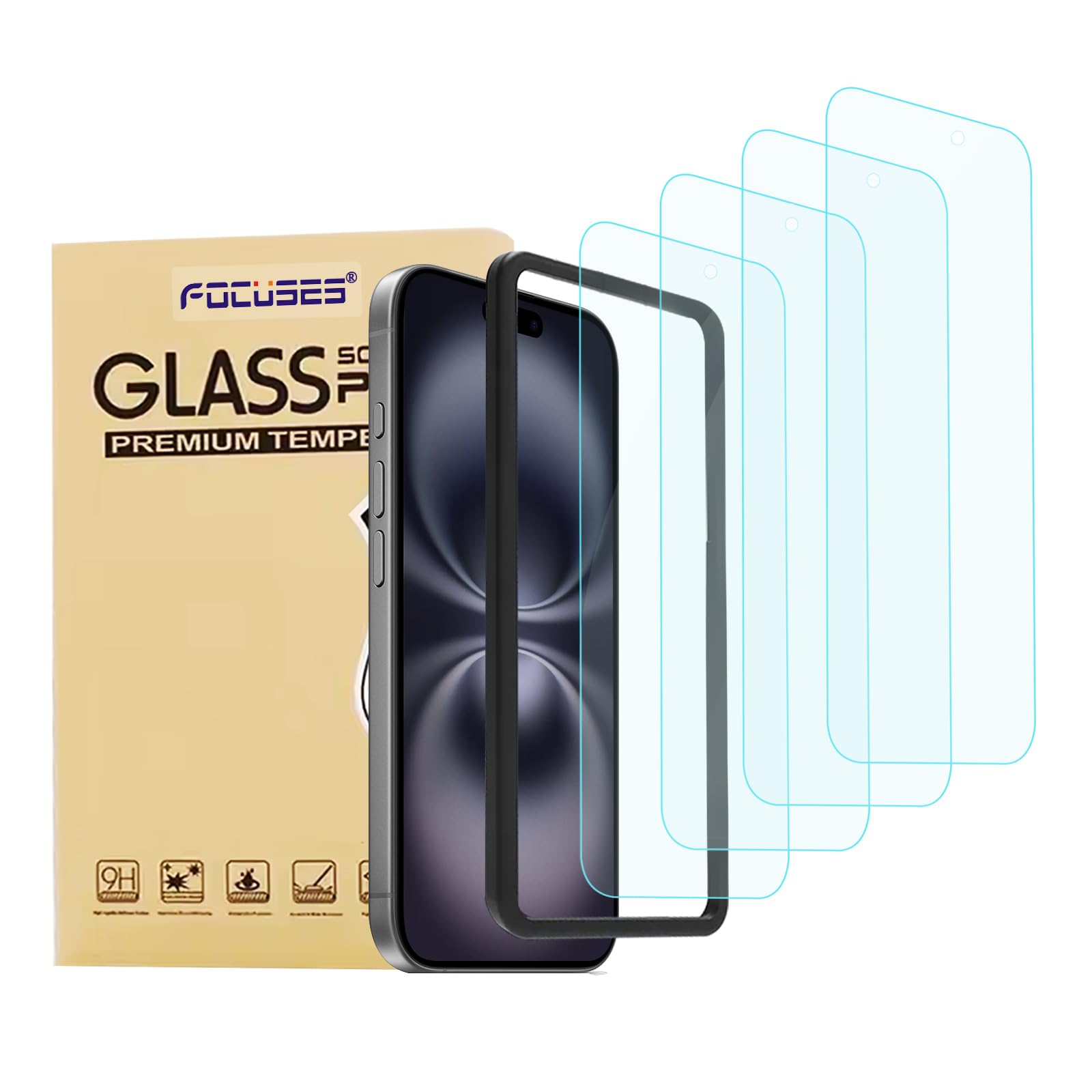 Photo 1 of Focuses 4 Pack Anti Blue Light Screen Protector for iPhone 16 plus /15 plus [6.7inch] with Installation Frame,9H+ Anti Blue Light Tempered Glass, Anti-Scratch, Case Friendly