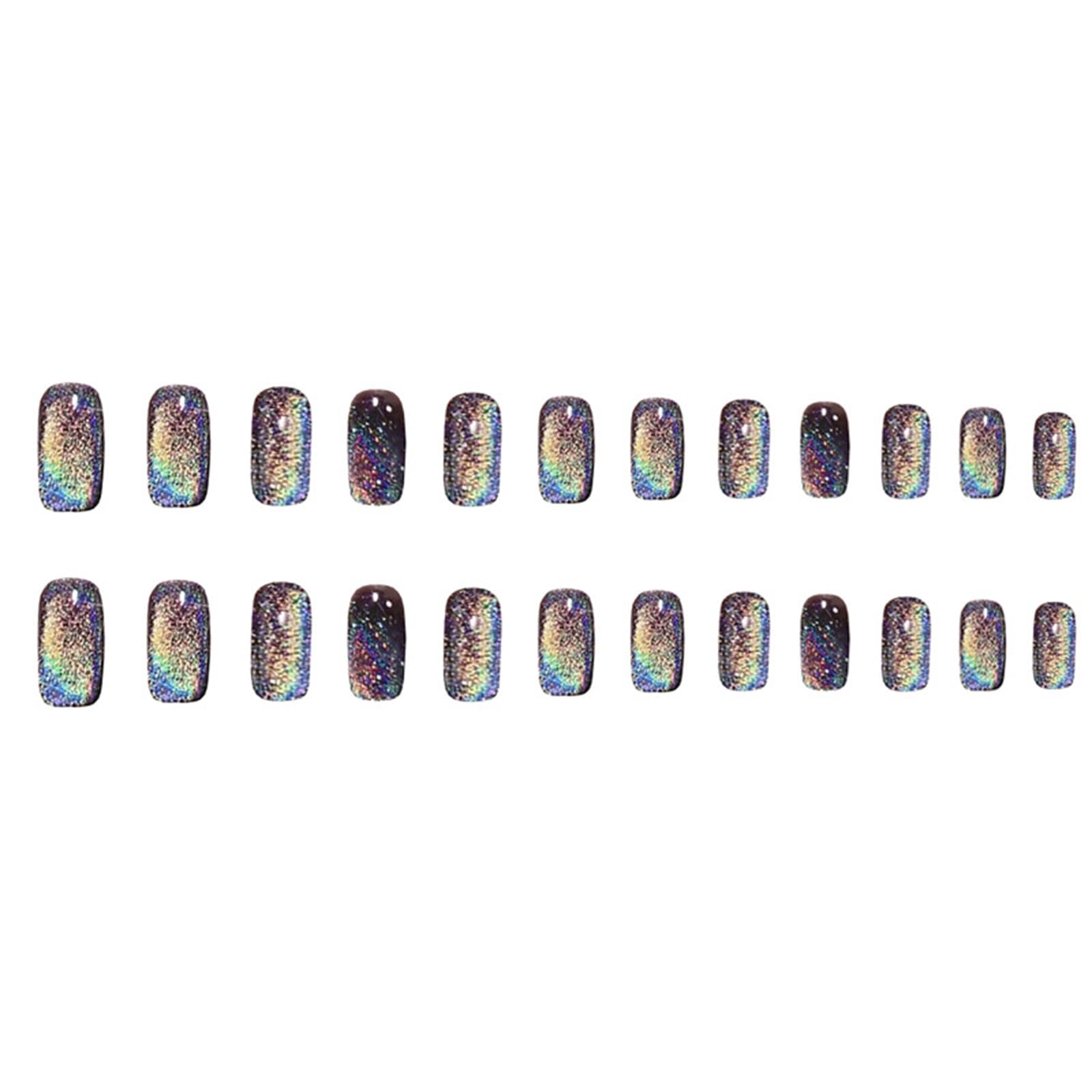 Black Press On Nails Short Glossy Glitter Fake Nails Stick On Nails for Cat Eye Colorful Acrylic Fake Nails Gel Polished Glue on Nails for Women Girls 24Pcs - Image 5