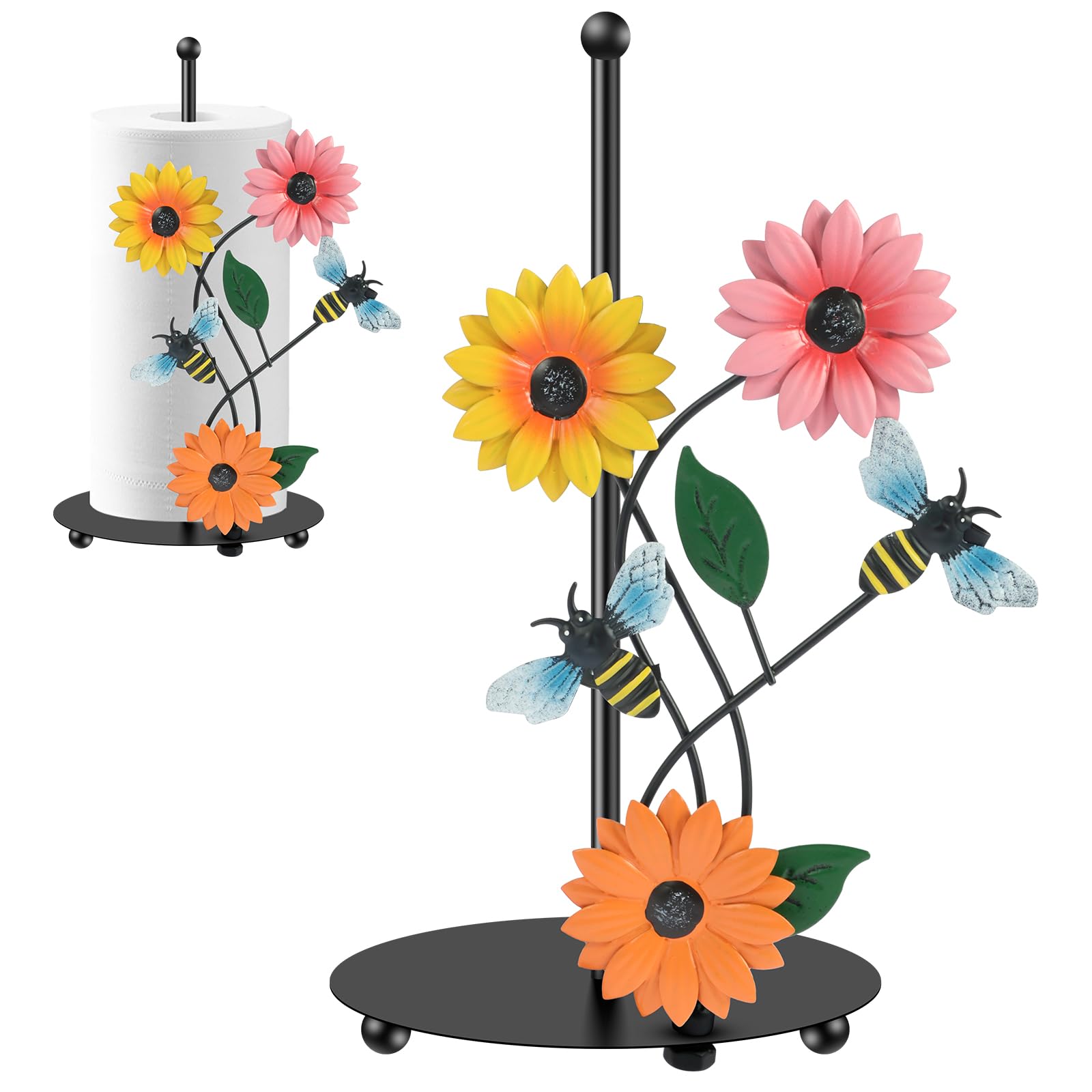 Kitchen Roll Holder Sunflower Paper Towel Holder Black Metal Free Standing Non Slip Countertop Organizer Vintage Farmhouse Home Decoration (Bee)