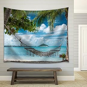 Empty Hammock Between Palm Trees on The Tropical Beach - Fabric Wall Tapestry Home Decor - 51x60 inches