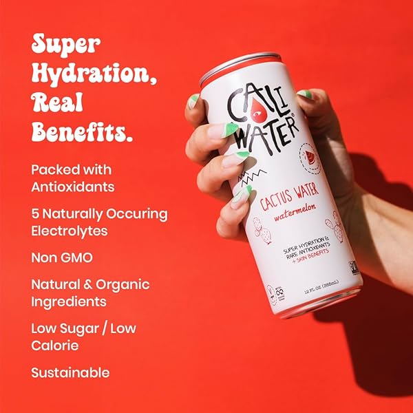 CALIWATER – ORGANIC CACTUS WATER – WATERMELON – 5G SUGAR, 35 CALORIES – HALF SUGAR OF COCONUT WATER – NATURAL PLANT BASED HYDRATION – SKIN CARE, ELECTROLYTE DRINKS – FLAVORED WATER BEVERAGES – 12 CANS