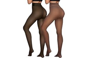 X-CHENG 2 Pairs Women Fleece Lined Tights - Invisible Crotch Warm Fake Translucent High Waist Women Thermal Tights for Winter