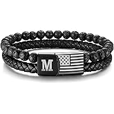 Leather Initial Bracelet for Men Gifts : Mens American Flag Black Lava Rock Braided Cord Letter Wristband for Valentines Birthday Christmas Male Jewelry Gift for Him Husband Dad Son Boyfriend