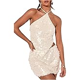 SweatyRocks Women's Sexy Sequin Halter Tops Crisscross Tie Backless Asymmetrical Y2k Going Out Party Concert Top