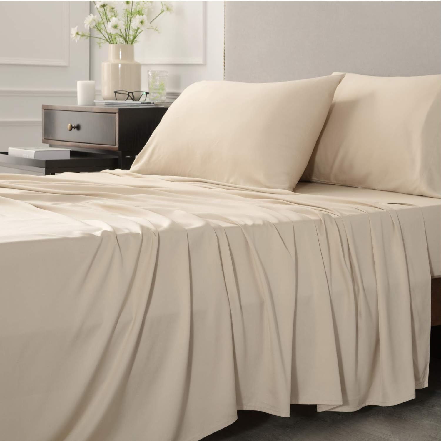 Bedsure 100% Bamboo Sheets Twin Size Cooling Sheets Deep Pocket Bed Sheets-Super Soft Hypoallergenic,Breathable - 3 Pieces 1 Fitted Sheet with 16 Inches, 1 Flat Sheet, 1 Pillowcases-Beige: Home & Kitchen