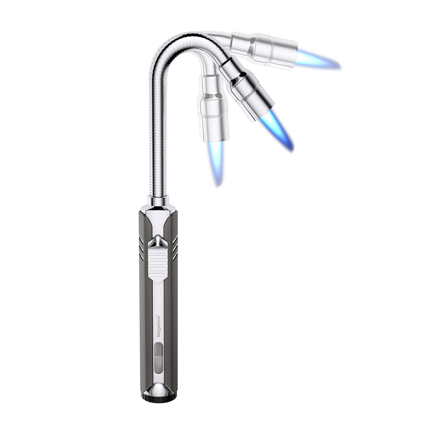 Gas Lighter Candle Long Butane Lighters 360 °Flexible Stainless Steel Hose Refillable Jet Lighter Windproof Outdoor Fire Lighters for Camping Fireplace (No Gas Include) Grey
