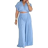 XYZDRESSOR Women's Casual Linen 2 Piece Outfits Wrap V Neck Crop Top and Wide Leg Pants Sets Vacation Summer Club Outfits