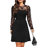 Holipick Women's Cocktail Dresses Wedding Guest Party Crew Neck Short A Line Dress with Lace Sleeves