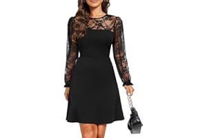Holipick Women's Cocktail Dresses Wedding Guest Party Crew Neck Short A Line Dress with Lace Sleeves