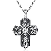 Sterling Silver Four Way Cross Medal Pendant Necklace - Sacred Heart, St Christopher, St Joseph, the Miraculous Medal - Protection Necklace Religious Jewelry Gift with 22" chain, Sterling Silver, n a