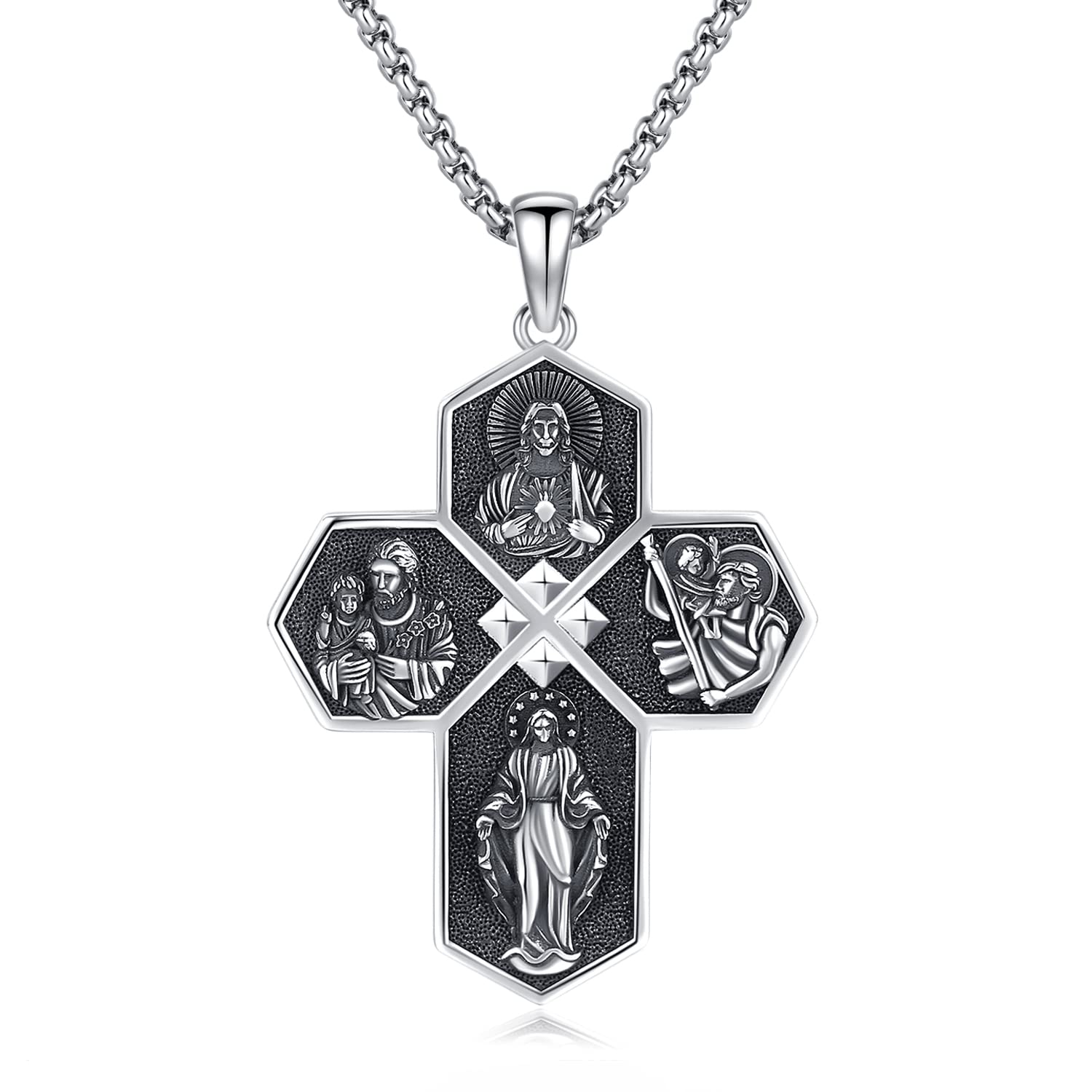 Sterling Silver Four Way Cross Pendant Necklace - Sacred Heart, St Christopher, St Joseph, the Miraculous Medal - Protection Necklace Catholic Religious Jewellery Gift for Women Men Father Son