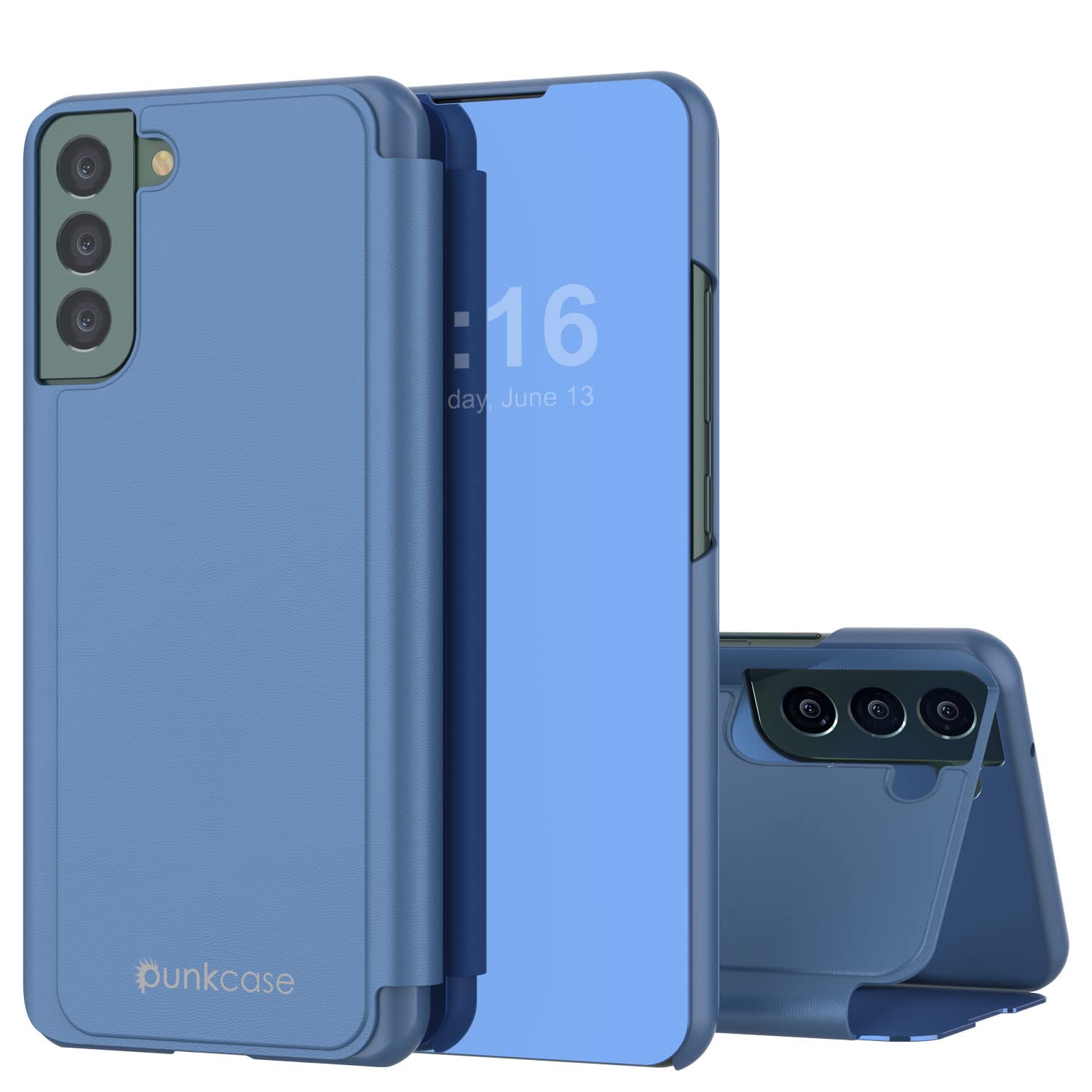 Punkcase S22 Plus Reflector Case Protective Flip Cover W/Scratch Resistant Translucent Mirror Front & Non-Slip PU Leather Back Integrated Kickstand for Galaxy S22 Plus 5G (6.6") (2022) (Blue)