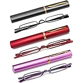 OWTXIS 3 Pack Mini Slim Pen Reading Glasses - Compact Readers with Pen Clip Case Spring Hinge Metal Frame Eyeglasses (Gunmetal, Red, Purple, +2.50)
