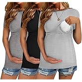 Ekouaer Womens Nursing Tops 3 Pack Short Sleeve Ribbed Breastfeeding Shirts Double Layer Maternity Shirt Pregnancy Clothes