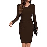 Missufe Women's Crew Neck Long Sleeve Ruched Knee Length Bodycon Casual Dress Sheath Sundress