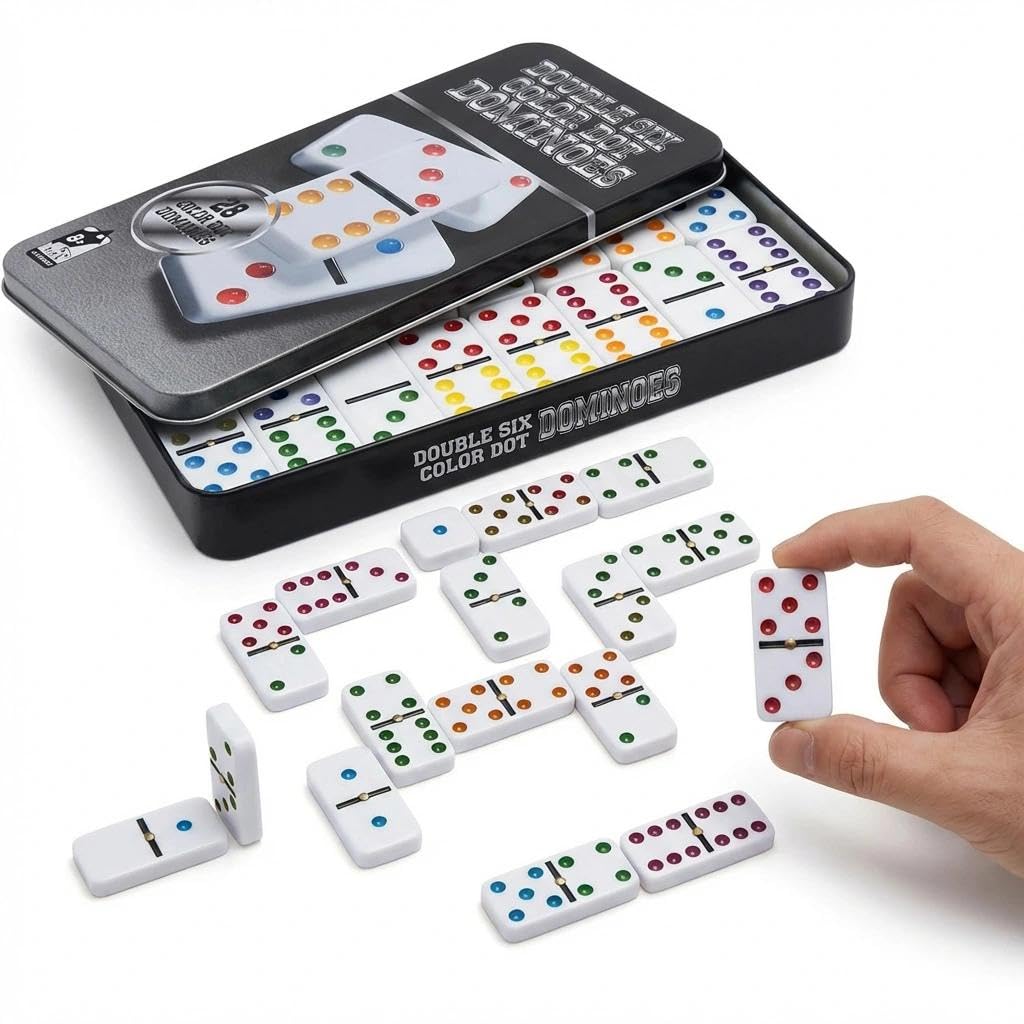 Rosemary 28X Color Dot Double Six Dominoes Table Game Set in Tin Box for Party Entertainment