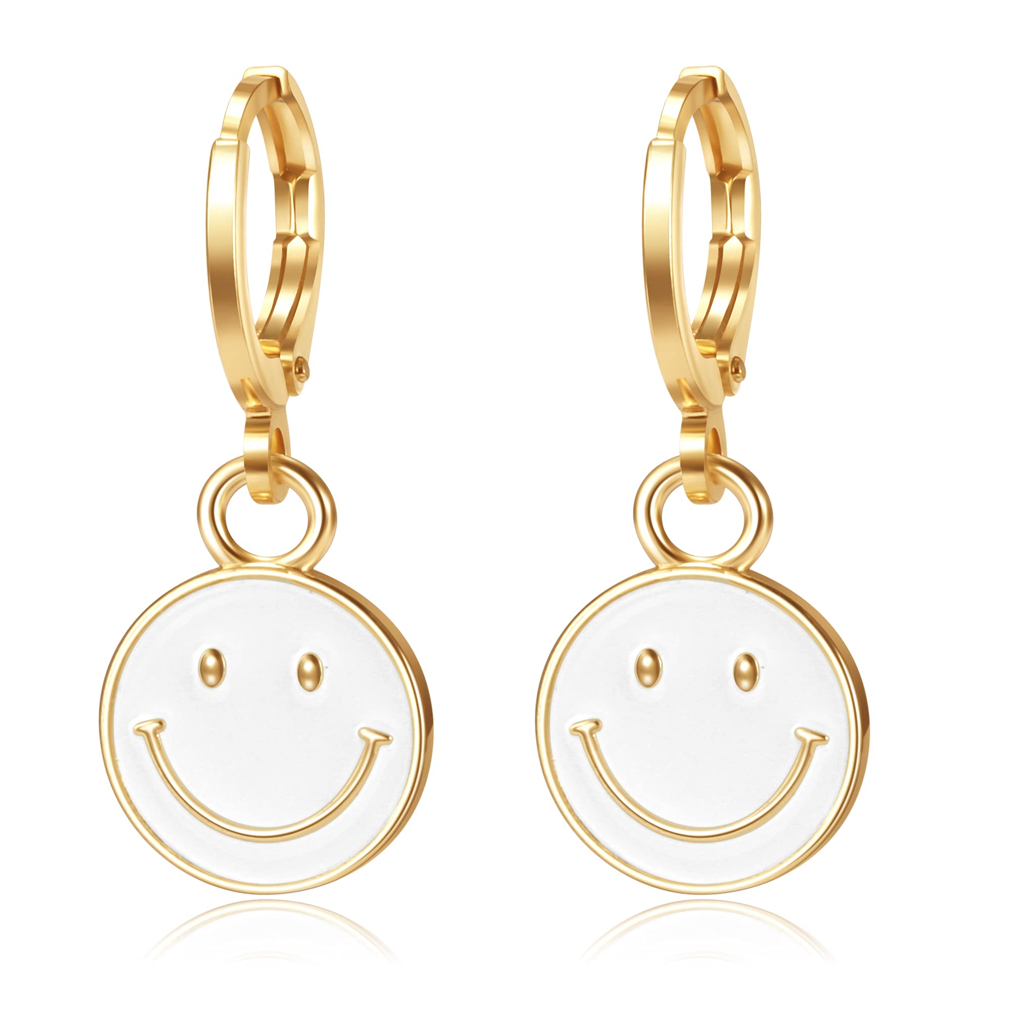 BYIA Huggie Dangle Hoop Earrings, 14K Gold Plated Smiley Face Drop Earring, Personalized Handmade Women Jewelry Gift (White)