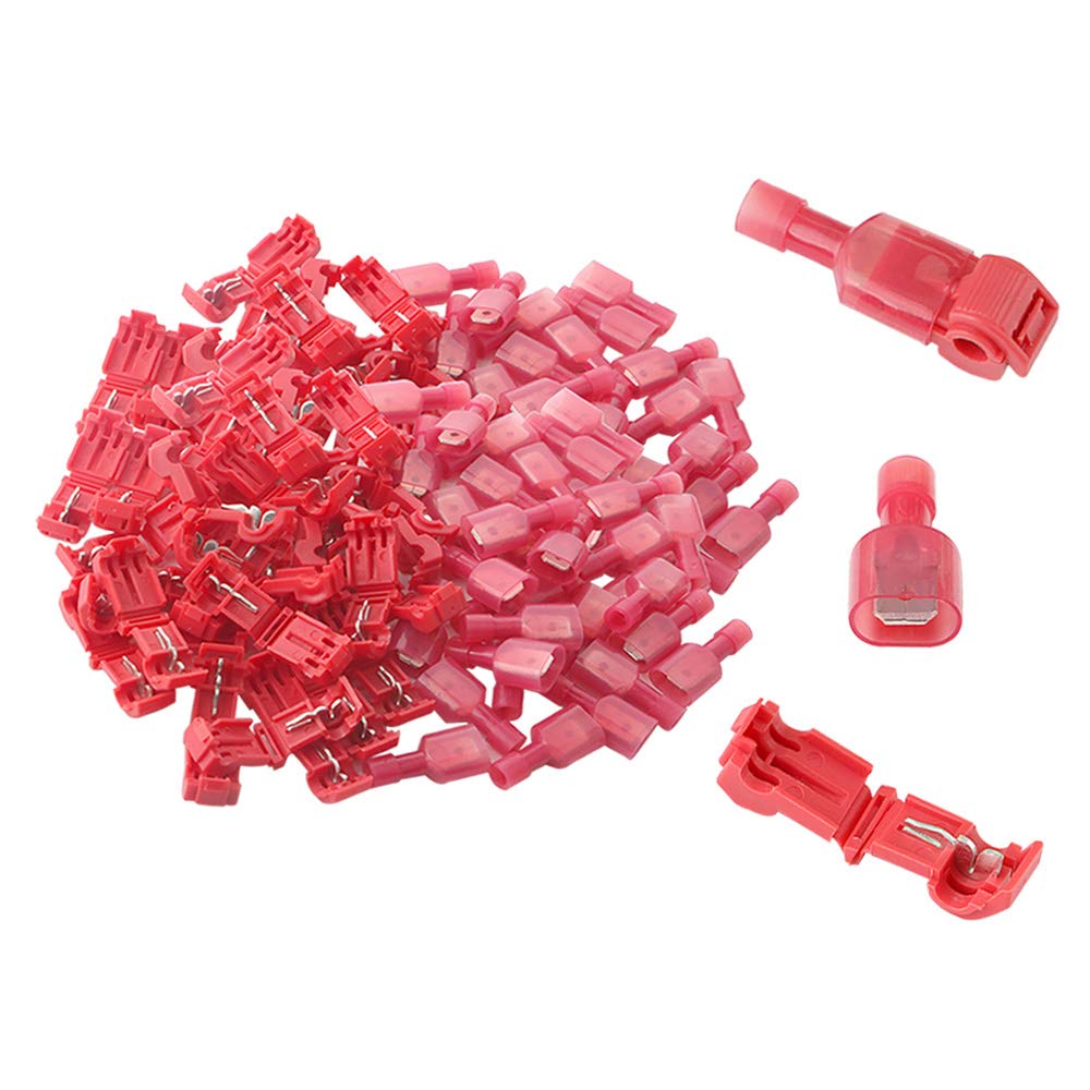 Aiqeer 100 Pcs (50 Pairs) Red T-Tap Self-Stripping Electrical Connectors, Quick Splice T-Tap Wire Terminal Block, T-Tap Quick Splice and Fully Insulated Male Spade Connector