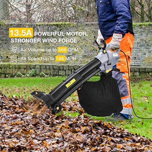 TOPELEK Leaf Blower/Vacuum/Mulsher, Variable 7-Speeds Blower Vacuum (up to 565CMF), 13.5A Power Leaf Mulsher, Adjustable Height Electric Leaf Blower with Wheels, Large Capacity Leaf Vacuum, 15.9 Gal