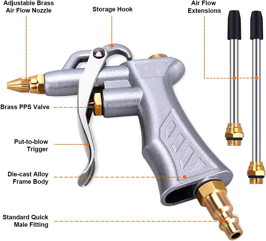 Professional Air Blow Gun with Copper Adjustable Air Flow Nozzle and 2 Steel Air flow Extension, Pneumatic Air Compressor Accessory Tool Dust Cleaning Air Blower Nozzle Gun - - 