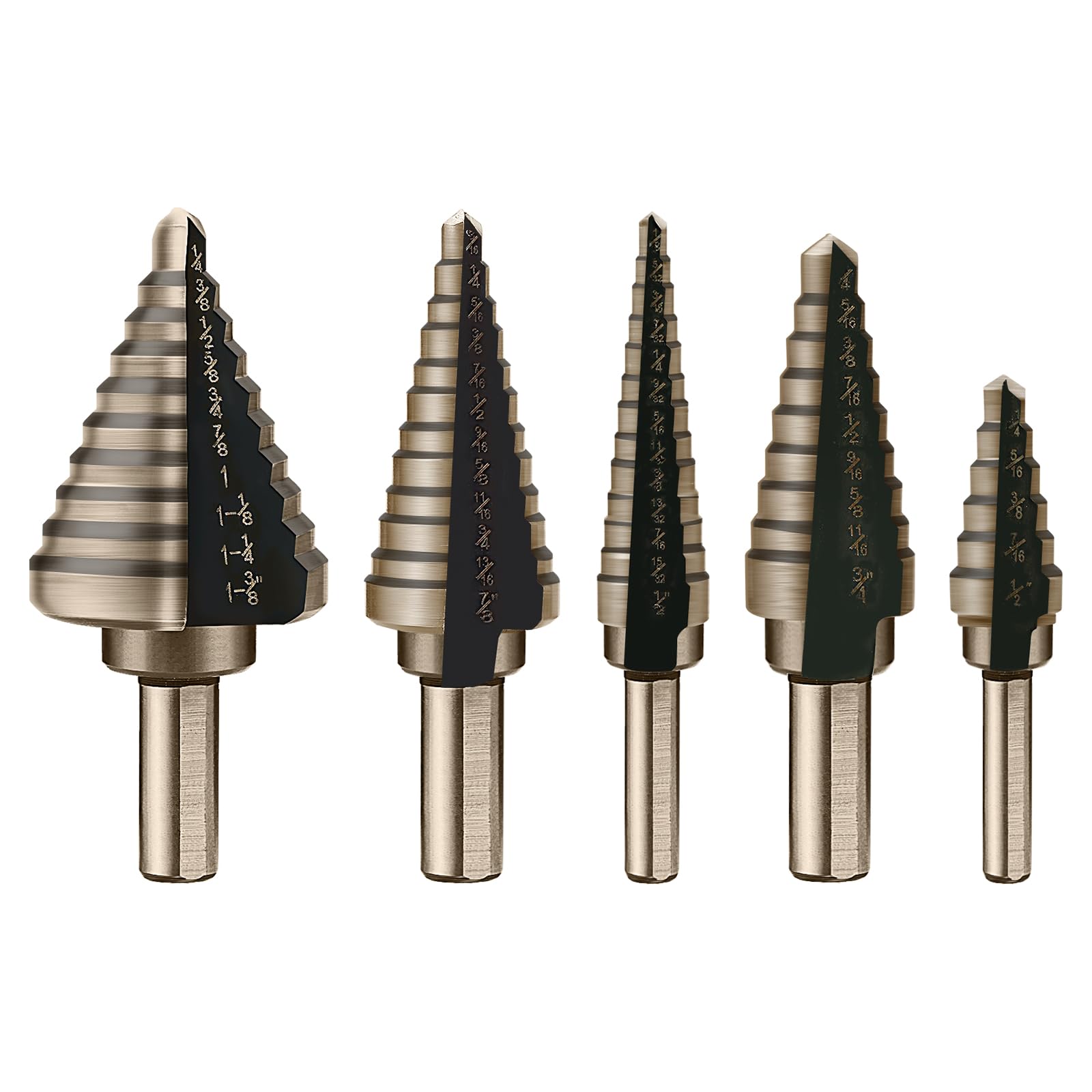 Photo 1 of ***LARGEST DRILL BIT BROKEN REST ARE FUNCTIONAL** Aleric Step Drill Bit Set - 5 Pcs High Speed Steel Titanium Step Drill Bits, Step Bits for Wood, Plastic, Aluminium, Multiple Size Hole Cutting Drilling Cone Unibit Step Drill Bit for DIY Lovers