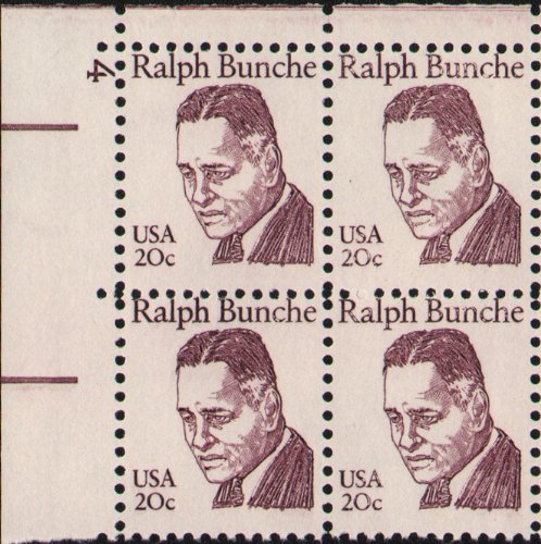 RALPH BUNCHE ~ BLACK HERITAGE #1860 Plate Block of 4 x 20 US Postage Stamps