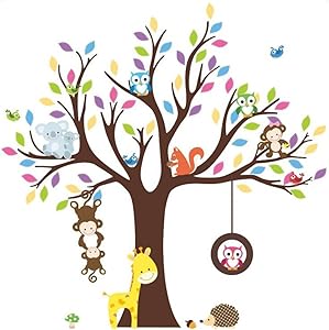HorBous 40” 43” 3D DIY Cartoon Animal Monkey Owl Tree Wallpaper Wall Stickers for Home/Kids Room/Children Bedroom/Kindergarten Classroom Decoration -2 Styles (1)