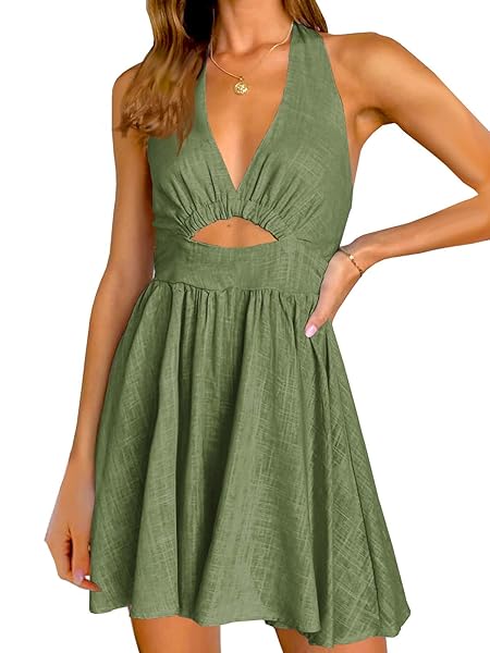 INORIN WOMENS SUMMER SLEEVELESS HALTER V NECK BACKLESS CUT OUT SEXY CASUAL PARTY SWING FLARED MINI DRESS ARMY GREEN
