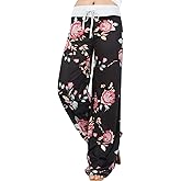AMiERY Women's Comfy Casual Pajama Pants Floral Print Drawstring Palazzo Lounge Pants Wide Leg