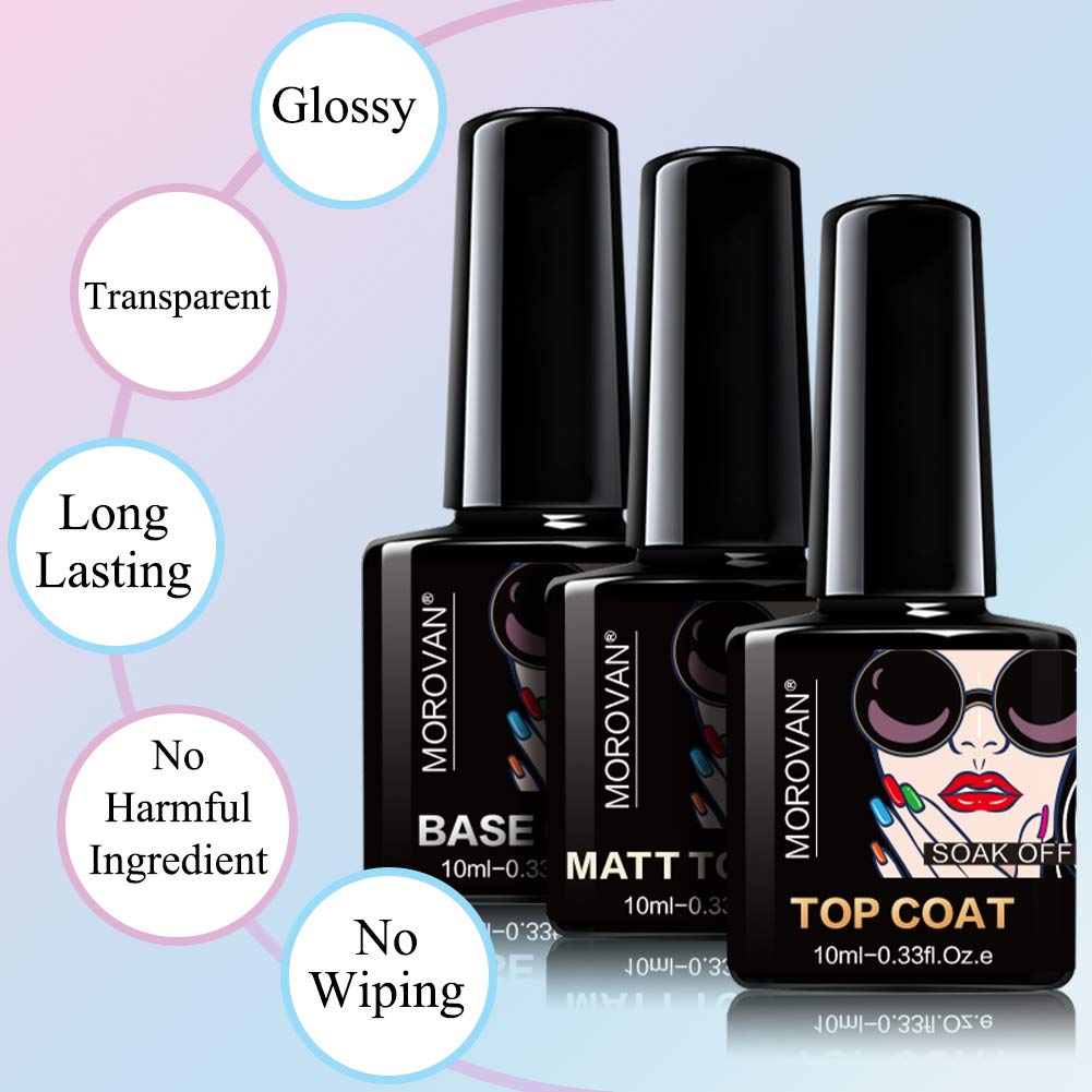 Morovan Gel Nail Polish Top Coat Base Coat Matte Top Coat Set, No Wipe Top Coat Long Lasting, Soak Off UVLED Gel(3PCS, 10ml Each Bottle) : Beauty