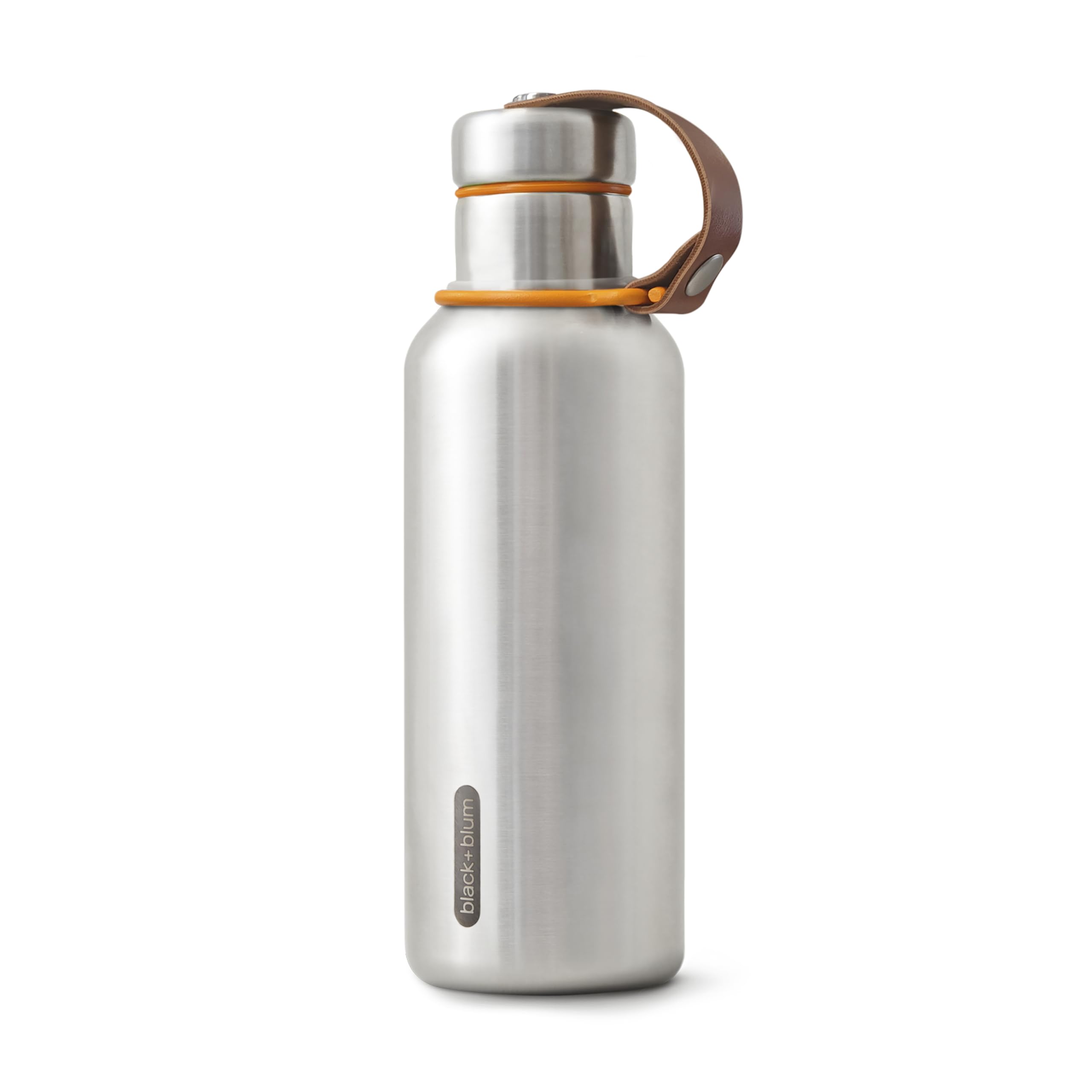 Black+Blum - Water Bottle - Stainless Steel Thermal Insulated Leak Proof Travel Thermo Flask with Wide Spout and Stylish Vegan Leather Carry Loop - Keeps Hot for 12hrs, Cold for 24hrs, Orange - 500ml