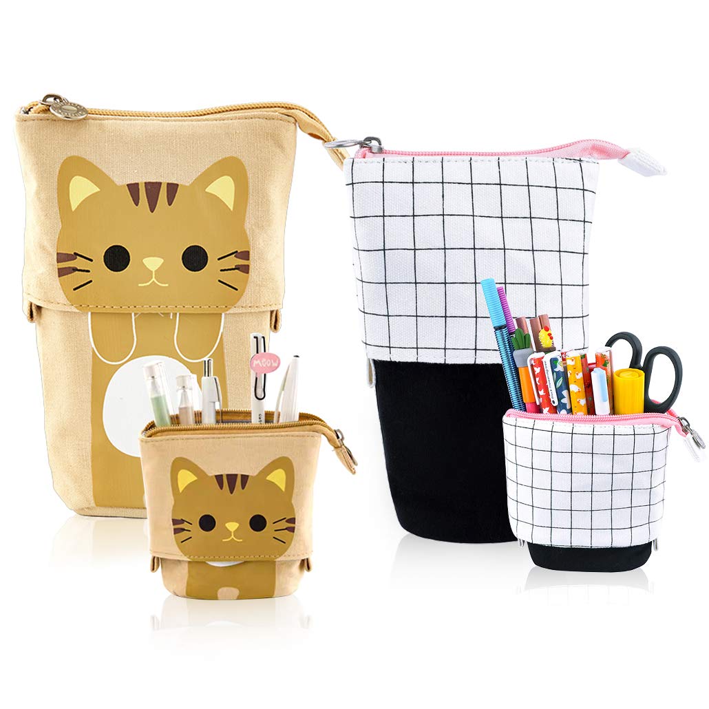 iSuperb 2 Pieces Pencil Case Stand Up Pencil Holder Cute Cat Pencil Box Pen Organizer Pencil Pouch Bag with Zipper Cosmetic Canvas Stationery Makeup Bag for Boys Girls Students and Office Supplies