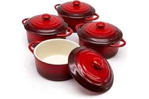 Kook Ceramic Mini Cocotte Set, Small Casserole Dishes with Lids and Handles, Individual Baking Ramekins, Oven, Microwave & Dishwasher Safe, Stoneware, 12 oz, Set of 4