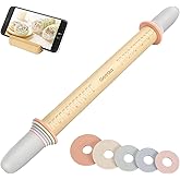 Geesta Adjustable Wood Rolling Pin with 5 Thickness Rings, Precise Dough Roller Handle Press Design with Measurement Guide fo