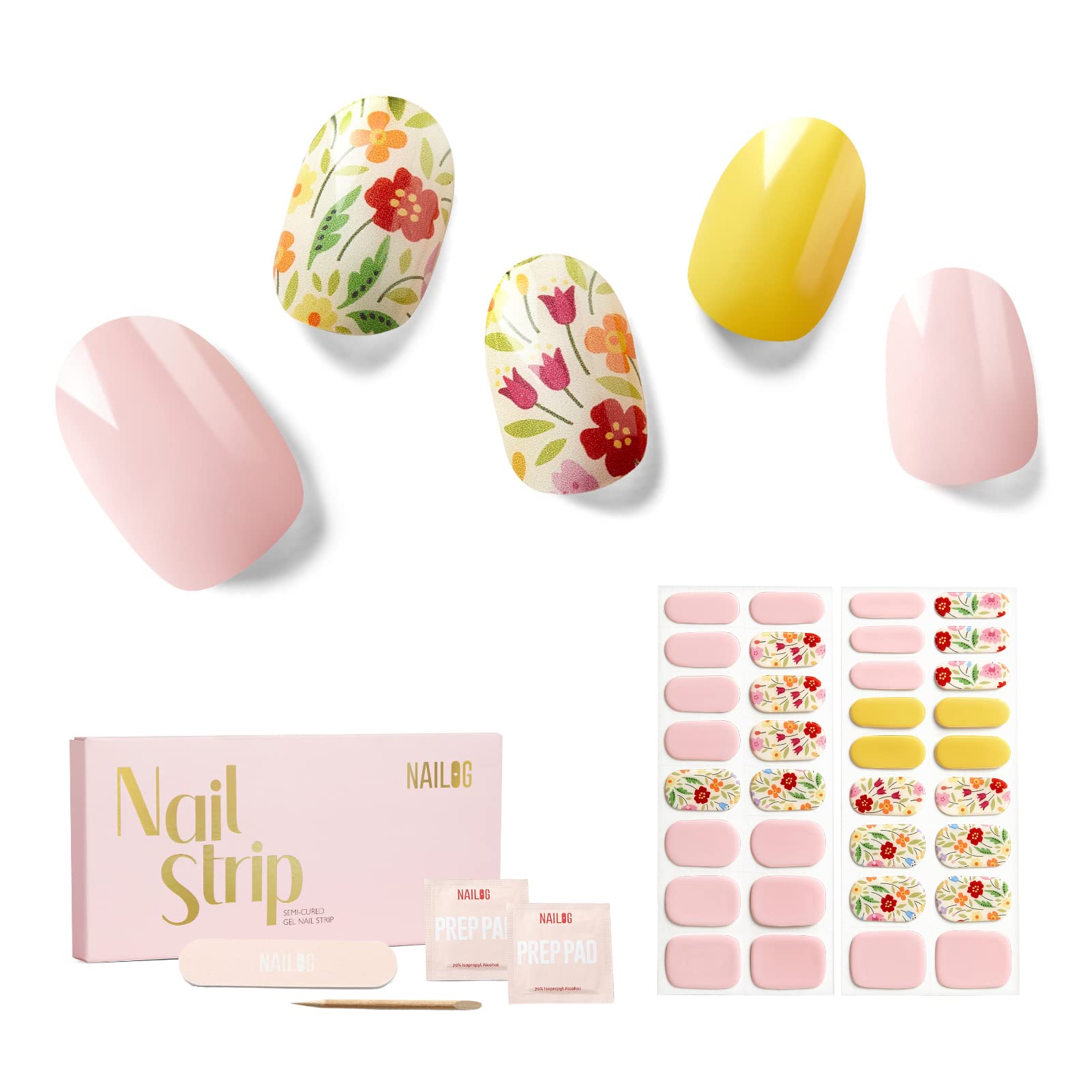 NAILOG Semi Cured Gel Nail Strips, 34 pcs Salon-Quality Gel Nail Stickers, Long Lasting Nail Wraps for Women with Soft Gel Finish, Idyll