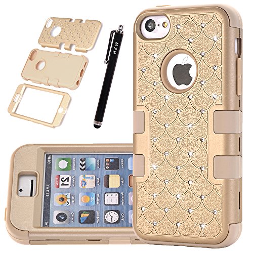 iPhone 5C Case,HKW (TM) Bling Rhinestone 3 IN 1 Armor Defender Shockproof Protective Diamond Case Cover for Apple iPhone 5C with Stylus Pen (Gold) (MA1839)