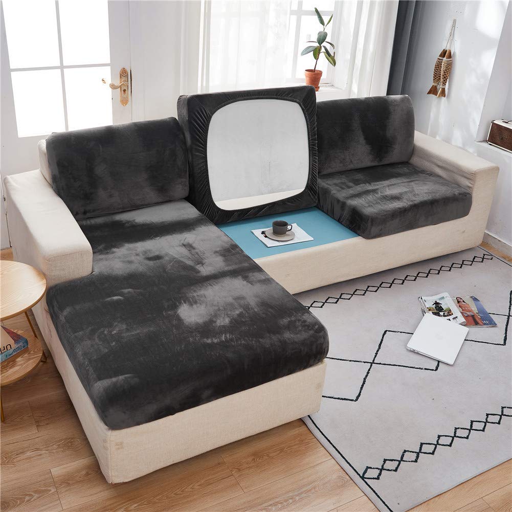 SYLC Sofa Seat Cushion Covers Velvet, Sofa Cushion Slipcovers Replacement, Couch Cushion Covers Thick Stretch for Individual Cushions (Dark gray,1-Seater)