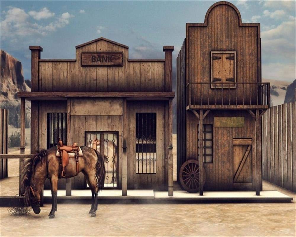 Photo 1 of AOFOTO 10x8ft Retro Western Bank Building Photography Backdrop Vintage Rustic Wood House and Horse Scene Barn Cabin Old West Theme Party Decoration Background Boy Men Cowboy Photoshoot Studio Props