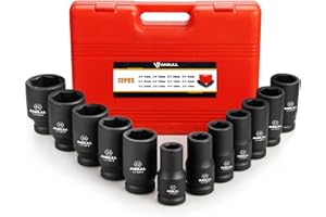 Anbull 3/4 Inch Drive Deep Impact Socket Set, 12 Piece Metric Combination, Sizes 17mm 19mm 21mm 22mm 24mm 27mm 30mm 32mm 33mm 36mm 38mm 41mm Hex Socket Set, 6 Point Design, Cr-V Chrome Vanadium Steel